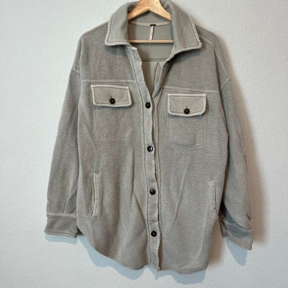Free People Beige Gray Fleece Oversized Button Down Ruby Jacket Women's Size XS - Picture 2 of 7